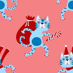 Christmas cartoon animals seamless cats and toys pattern for wrapping paper