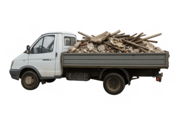 White pickup truck carrying construction debris on transparent background
