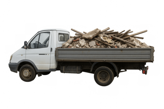 White pickup truck carrying construction debris on transparent background