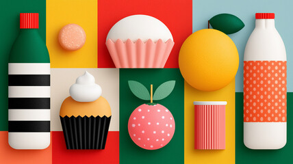 A vibrant and playful flat lay illustration showcasing a variety of stylized food and drink items arranged on a colorful grid background. Elements include bottles, cupcakes, fruits, and a cup