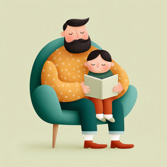 A heartwarming vector-style illustration depicting a father with a beard and mustache sitting in a teal armchair, gently holding a book while a young child sits on his lap, also looking at the book.