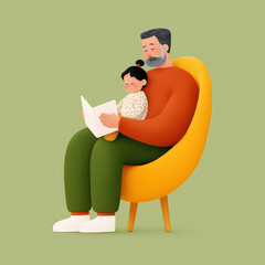 A charming vector-style illustration of an older father figure with grey hair and a beard, sitting in a cheerful yellow armchair, reading a book aloud to a young child seated on his lap. 