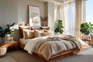 Modern minimalist bedroom styled with natural materials and light earthy tones