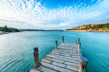 Fototapeta premium Unbelivable view of Porto Cervo from wooden pier.