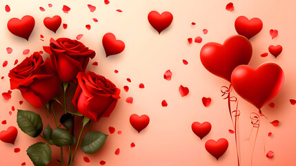 Romantic valentine's day composition featuring red roses and heart balloons and petals on a soft pink background