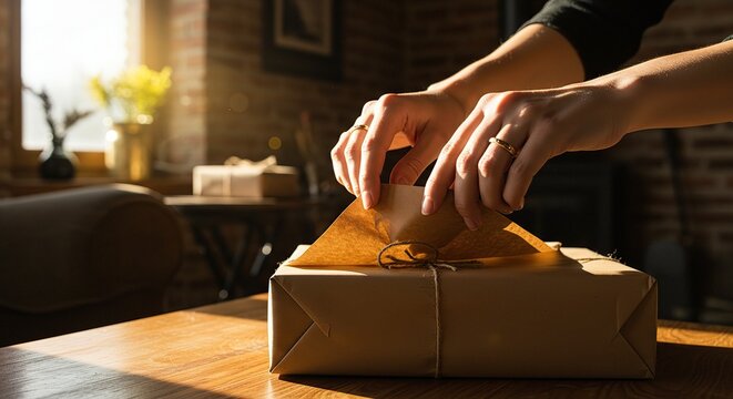 Woman's hands opening a wrapped gift box on a wooden table in natural light.