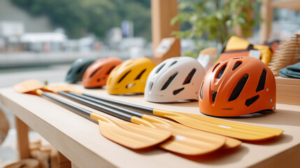 Summer sports gear display featuring colorful helmets and paddles arranged on a wooden table with a serene outdoor background, adventure concept of gear rental service