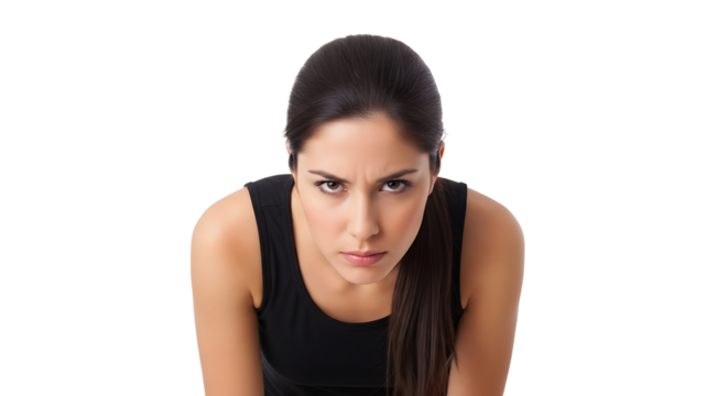 A woman with dark hair wearing a black tank top looking intensely at the camera with a serious expression on transparent background - Powered by Adobe
