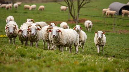 Obraz premium A flock of rams and sheep graze on an agricultural farm