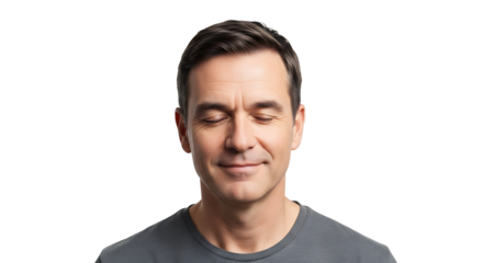 Man with closed eyes and a slight smile wearing a gray shirt against a black and white background on transparent background