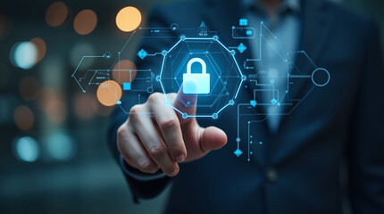 Fototapeta premium close-up hand touching floating lock icon on holographic interface, futuristic cyber touch screen, bokeh lights in background