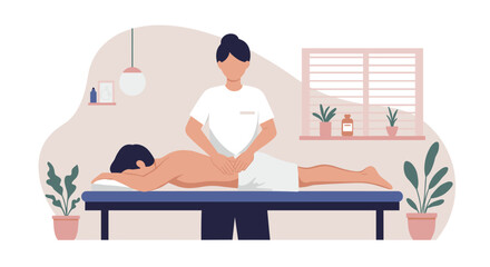Massage therapist providing back treatment to client in wellness studio,  for healthcare sites and wellness promotional materials