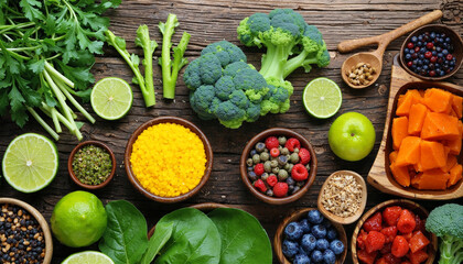 fresh vegetables, fruit and spices on a wooden table