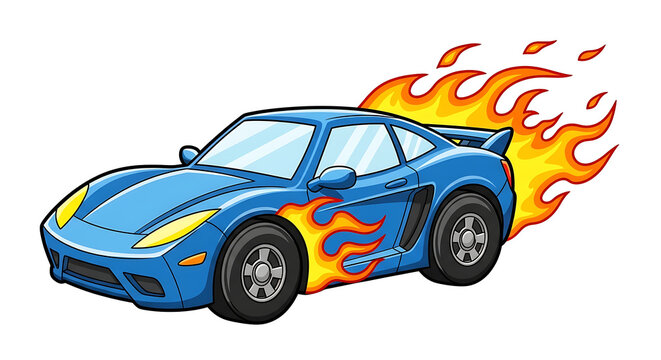 A cartoon blue sports car with flames coming from the wheels and back on a black background image on transparent background