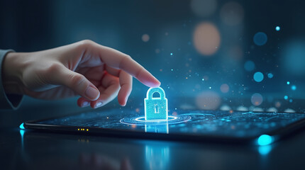 close-up hand touching floating lock icon on holographic interface, futuristic cyber touch screen, bokeh lights in background