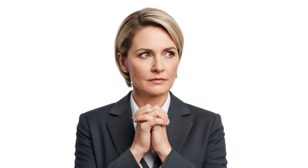 A woman in a suit with her hands clasped looking to the side against a black background is pictured on transparent background