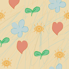 Pastel pattern with hand-drawn elements such as flower, plant, heart, eye. Ideal for kids’ products, greeting cards, posters, packaging, and educational designs.