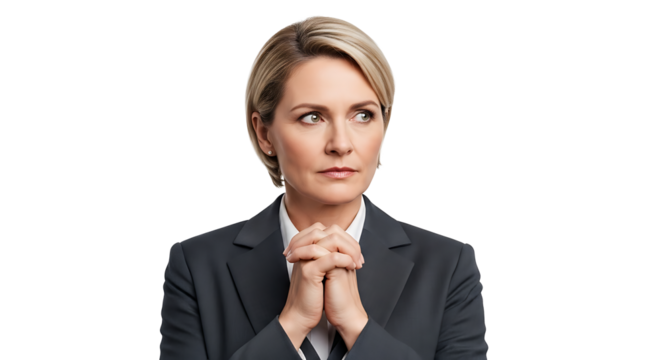 A woman in a suit with her hands clasped looking to the side against a black background is pictured on transparent background - Powered by Adobe