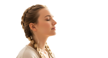 A woman with blonde hair braided in pigtails with her eyes closed in a state of relaxation and peace on transparent background