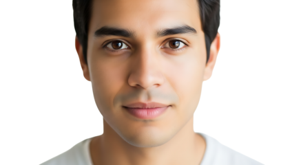 Close up portrait of a young man with brown eyes and dark hair looking directly at the camera smiling slightly on transparent background