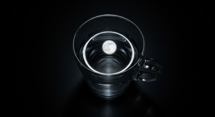 Glass cup with clear water and a coin visible on black background  