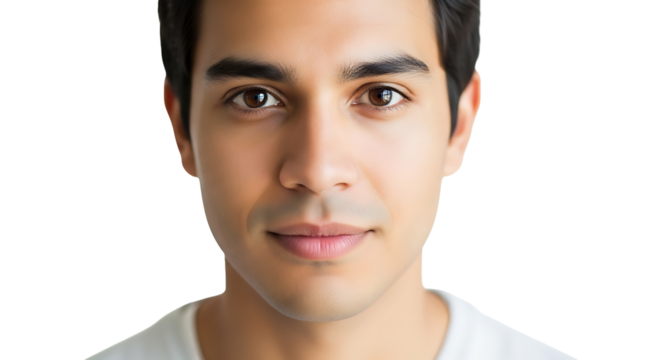 Close up portrait of a young man with brown eyes and dark hair looking directly at the camera smiling slightly on transparent background