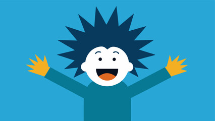 Character with Wild Hair An illustrated character with wild spiky hair that seems to bounce with joy. They are leaning back with their head tilted displaying a toothy smile and an