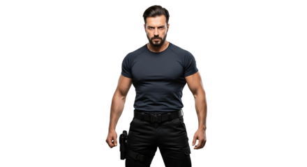 A muscular man in a dark t shirt and black pants standing with a serious expression on a black background on transparent background
