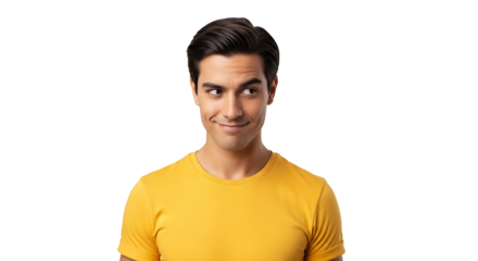 A man in a yellow shirt looking sideways with a slight smirk on his face against a black background on transparent background