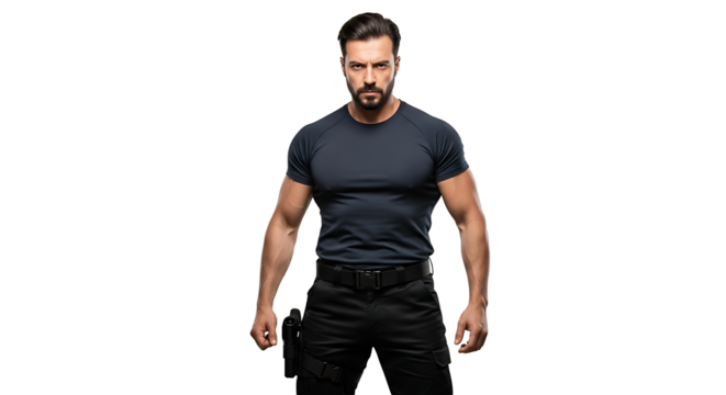 A muscular man in a dark t shirt and black pants standing with a serious expression on a black background on transparent background