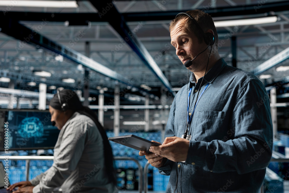 Poster data center system administrator using headset mic, providing remote diagnostics using tablet. serve