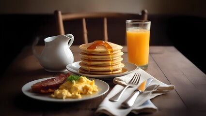  A healthy better breakfast with pancakes, orange juice, eggs and bacon.