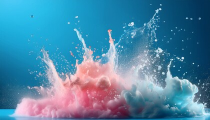 a vivid splash of foamy pastel colored water bursting in mid air against a blue background evoking freshness and fun