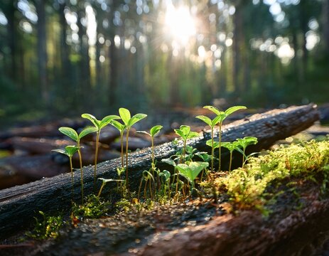tiny green seedlings emerge from damp forest floor around fallen twigs and logs symbolizing regeneration and the cycle of life in woodland undergrowth morning