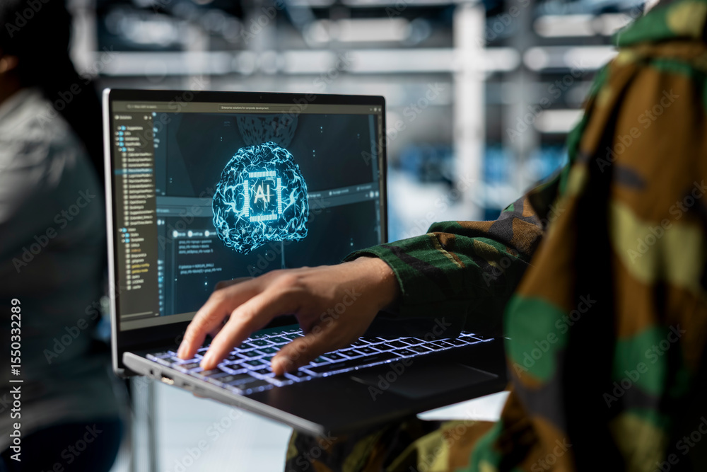 Poster close up of army tech expert in data center running simulations with military grade defense artifici