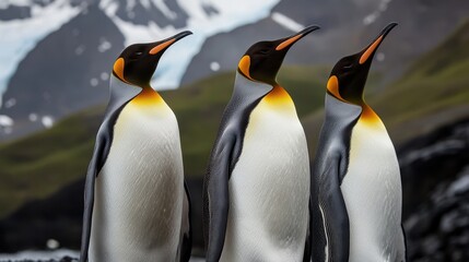 Obraz premium Wildlife Penguins in Antarctic Nature: Three Majestic Colored Beaked Penguins