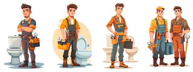Cartoon Set of Plumbers: Characters in Action with Tools and Plumbing Equipment