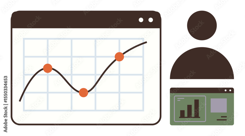 Poster graph with trend line and data points, user icon, and bar chart interface. ideal for analytics, stat