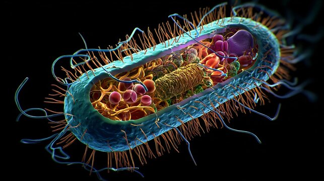 3d bacterial model with cell wall flagella and internal organelles in scientific educational style 