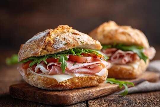 Layers of ciabatta rolls with fresh ingredients creating a delicious sandwich experience