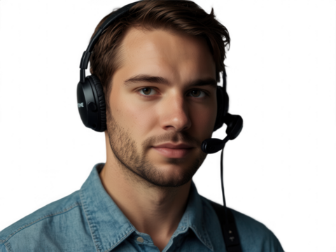 Close up of man with headset and denim shirt on a black background shot