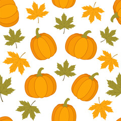 Pumpkins and colorful autumn maple leaves creates a repeating seamless pattern on white background for festive fall designs