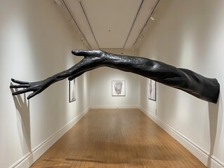 Black outstretched arm sculpture in gallery