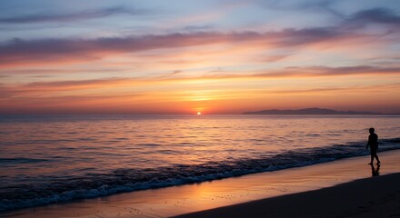 Fototapeta premium Solitary Sunset Stroll: A Serene Beachscape at Dusk