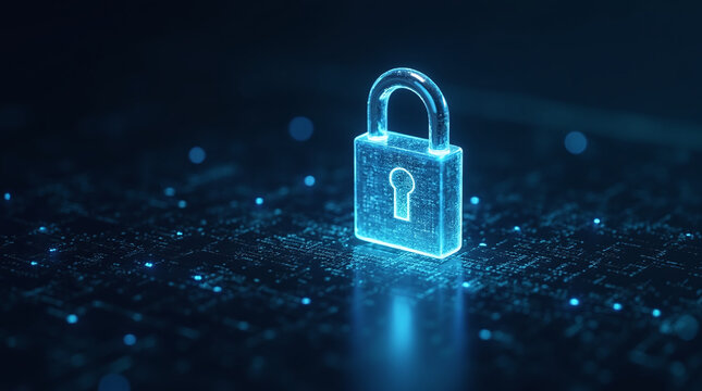 glowing padlock floating above binary code stream, tech protection, cyber encryption concept, deep shadows, blue highlights