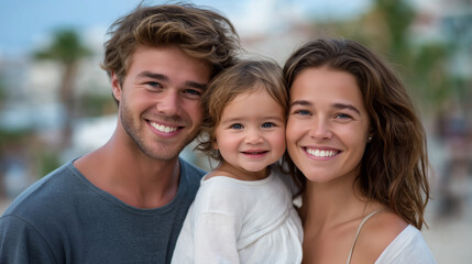 Obraz premium Smiling parents celebrate child's progress in dolphin therapy