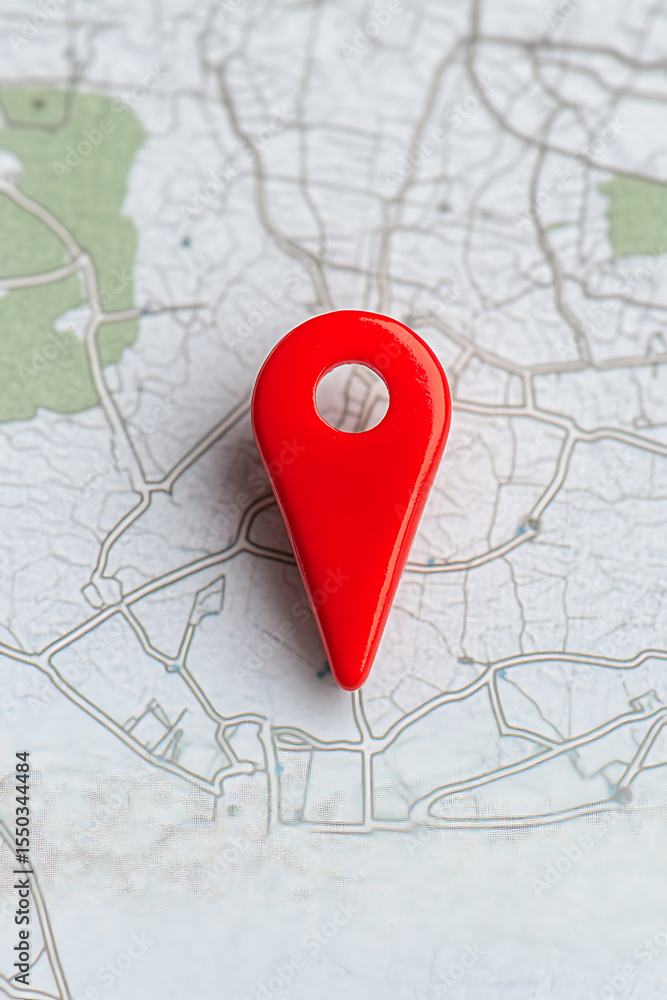 Poster location marker on a map. navigational tool with a red plastic pointer indicating a position on a ro
