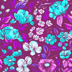 Seamless pattern of flowers with pink blue and orange background.	