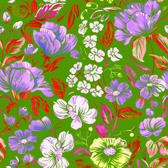 Seamless pattern of flowers with pink blue and orange background.	