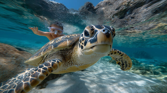 A turtle guiding a child in a therapeutic snorkeling session